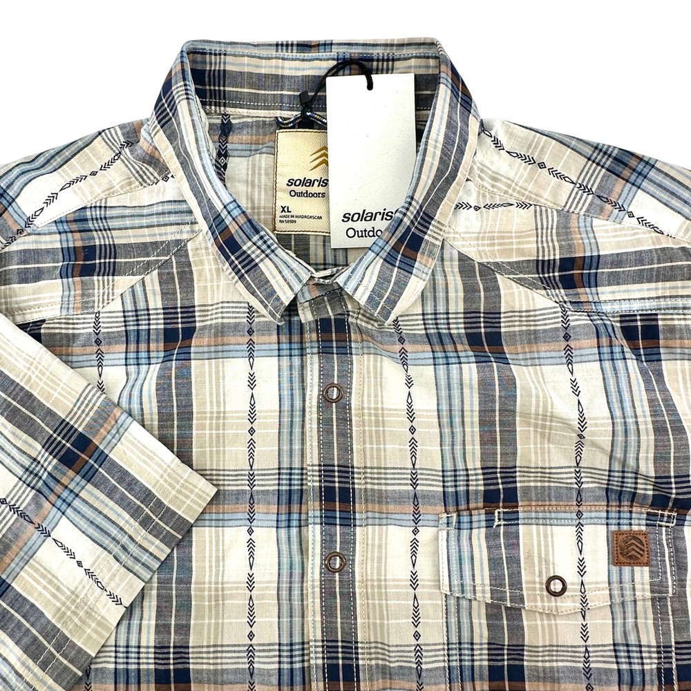 NWT Solaris Outdoors Mens XL Short SLV Plaid Button Down Shirt Blue Tan Cotton